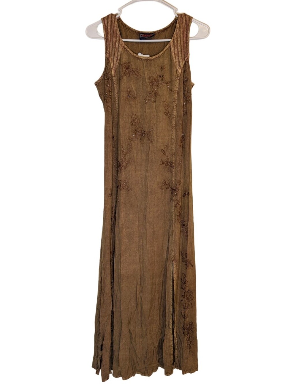 Y2K 2000s Sleeveless Greenish Brown Beaded Embroidered Maxi Dress